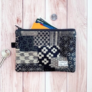 Monedero, Boro Patchwork, Bolsa con cremallera hecha a mano, Billetera de tela de tamaño mediano, Tarjetas de identificación estéticas minimalistas de lino japonés, Regalo