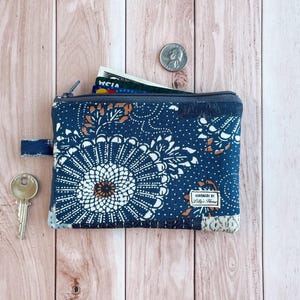 Coin Purse, Japanese patchwork, Hand Made Zipper Pouch, Medium Size, ID Cards Key, Indigo, cherry blossoms chrysanthemums Cottagecore