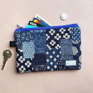 Monedero de patchwork Boro, bolsa con cremallera hecha a mano, lino tejido a mano, billetera de tamaño mediano, tarjetas de identificación, llaves, estética minimalista japonesa