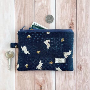 Bunny Coin Purse, Medium Size Zipper Wallet, Hand made Fabric Pouch, ID Cards Keys, Japanese Cotton Blue Esthetics Retro Gift for Her