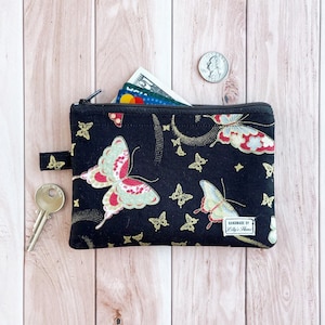Monedero, mariposas japonesas, bolsa hecha a mano, billetera mediana con cremallera, tarjetas de identificación, llaves, regalo para ella