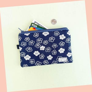 Boro Coin Purse, Handmade Zipper Pouch, Medium Size wallet, Japanese Cotton Floral Print Navy Cottagecore, ID Cards Keys Gift for her