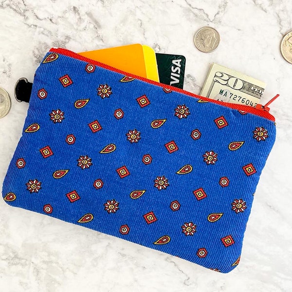 Corduroy Coin Zipper Purse, Tarot card, Fabric Pouch Wallet, Hand made, EarpodsCosmetic Lipstick Tissue Travel Bag Blue geometric, Key ring