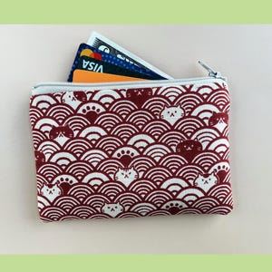 Coin Purse, Cats Wave Kimono Zippered Medium Size Handmade Pouch, Keys ID Cards Wallet Japanese Dobby Cotton Canvas Fabric