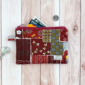 Coin Purse, Japanese Patchwork, Owls Bunnies, Cotton Canvas, Hand Made Zipper Pouch, ID Cards Key, Cottagecore, Gift for Her