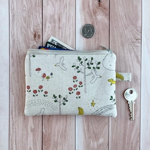 Geldbörse, Handgefertigte Leinwand Brieftasche, Mittelgroße Reißverschlusstasche, ID-Karten Schlüssel, Hunde Blumen Vögel, Japanisches Leinen Cottagecore, Geschenk für Sie