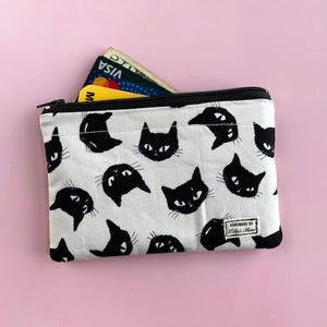 Monedero, gatos negros, billetera con cremallera hecha a mano, monedero de tamaño mediano, bolsa para llaves y tarjetas de identificación, lona de algodón Oxford japonesa, regalo para ella