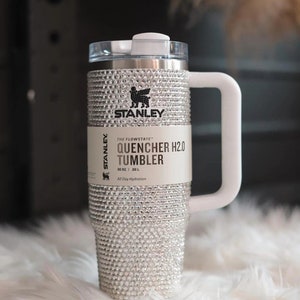 Custom Bling *ALL WHITE w White Lid* 40oz Stanley w Beautiful Crystal Rhinestones & Black Logo