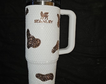 Beautiful Custom Bling White Rhinestone 40oz Stanley Tumbler w Brown Rhinestone Cow Print & Brown Logo