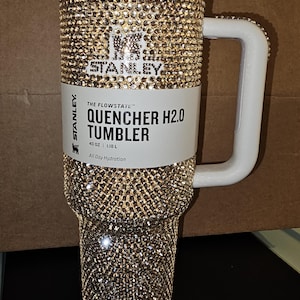 Beautiful Custom Bling Golden 40oz Rhinestone Stanley w Brown or Black Logo / Extra beadwork on handle & top rim if wanted.