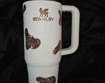 Beautiful Custom Bling White Rhinestone 30oz Stanley Tumbler with Brown Rhinestone Cow Print and Brown Logo