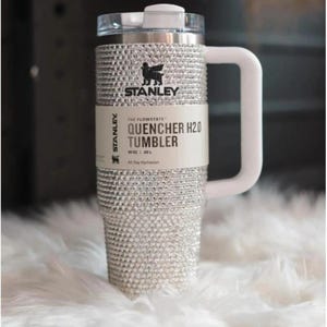 Beautiful Custom Bling 40oz White Crystal Rhinestone Stanley w Black Rhinestone Logo