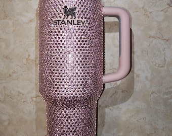 Custom Bling Pink 'Rose Quartz' 40oz Stanley w Black Logo