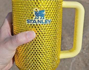 Custom Yellow 40oz Rhinestone Stanley with Blue Logo
