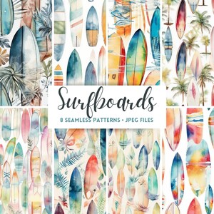May include: Eight seamless patterns featuring watercolour illustrations of colourful surfboards. The patterns are perfect for creating beach-themed designs for fabric, wallpaper, or digital projects.