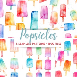 Könnte beinhalten: Fünf nahtlose Muster mit Aquarell-Illustrationen von bunten Eis am Stiel. Die Muster eignen sich perfekt für sommerliche Bastelarbeiten, Scrapbooking und digitale Designprojekte.