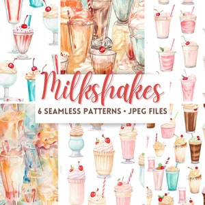 Puede incluir: Ilustraciones en acuarela de batidos en varios colores, incluyendo rosa, marrón y turquesa, cubiertos con crema batida y cerezas. La imagen incluye el texto "Milkshakes" y "6 Seamless Patterns • JPEG Files".