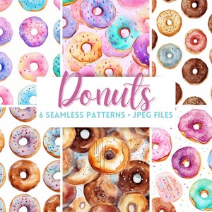 May include: Six seamless patterns featuring watercolor illustrations of colorful donuts with sprinkles. The patterns are perfect for creating digital or printed designs.