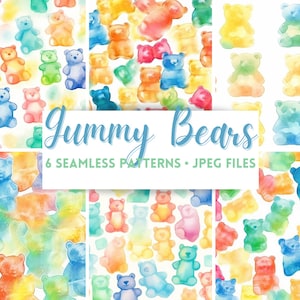 May include: Six seamless patterns featuring watercolor gummy bears in various colors, including red, orange, yellow, green, blue, and purple. The patterns are perfect for creating digital or printed designs.