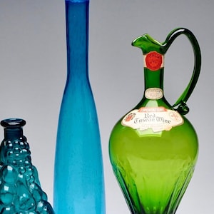 Your Choice! Mid-Century Blown Glass Bottles & Decanters | Italian Red Tuscan Wine Bottle | Empoli Genie Bottle | Blue Glass Green Glass
