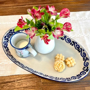 Vintage Handmade Stoneware Oval Platter with Painted Blue Scrolls 16” Large & Heavy