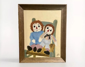 Vintage 1950-tals RAGGEDY ANN och ANDY Original inramad målning Konstnärsignerad