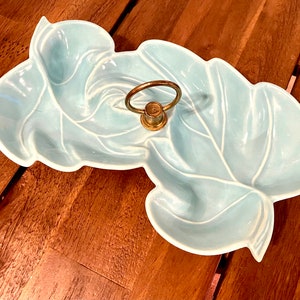 Vintage CAL Pottery Double Maple Leaf Divided Platter w/ Brass Ring Handle #100 California Pottery Aqua/Turqoise Leaf Snack Platter 11”X 7”