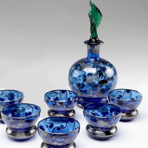 Vintage Hand-Blown Art Glass Cobalt Blue Decanter Set with Silver Overlay & Green Petal Glass Stopper 7pc Set | Rare and Stunning!