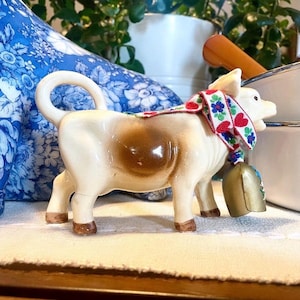 Vintage Ceramic Farmhouse Cow Cream Pitcher with Decorated Bell Country Farm Decor | Unmarked believed to be German