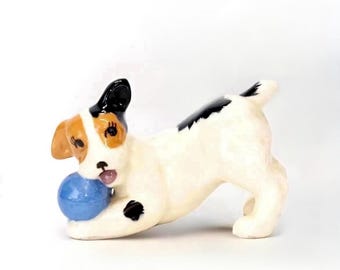 Vintage Robert Simmons Terrier-figur, lekfull valp med boll, 1940-/50-tal