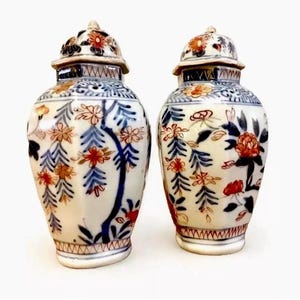 Antique Japanes Imari Baluster Jars 5.75” Small Pair of Antique Handmade Japanese Imari Porcelain Lidded Jars | Circa 1700-1800s