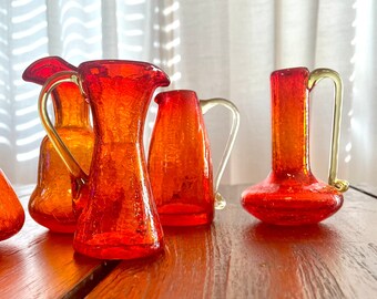 Choice! UV Glow Vintage Rainbow Glass Cadmium Ombre Crimson Red & Yellow Art Crackle Glass Pitcher Vases Handblown Pontil Mark, 1960's