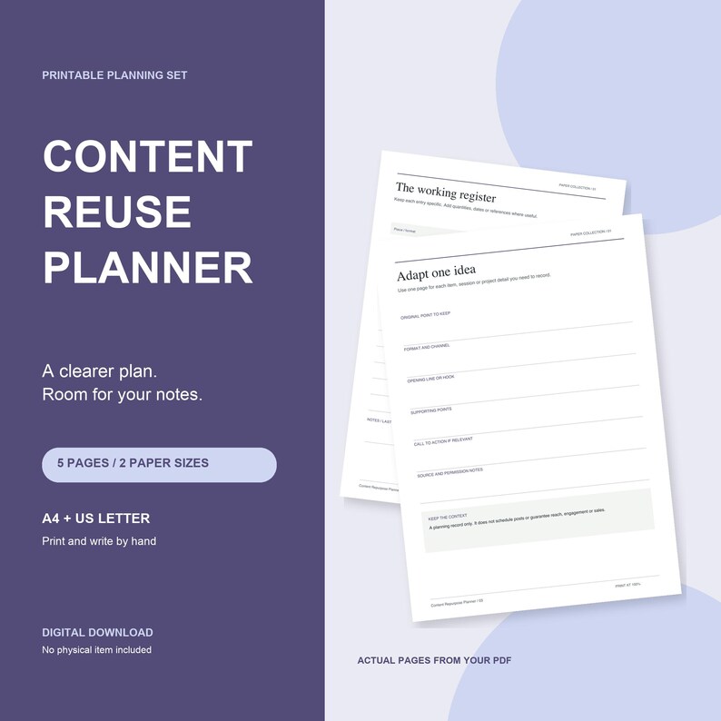 Content Repurpose Planner: five-page printable set with actual worksheet and register previews. A4 and US Letter PDFs, digital download, completed by hand.
