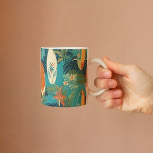 Retro Surf Board Pattern Coffee Mug, Hawaii Coffee Mug, Tropical mug, Travel Mug, Aloha Coffee Mug, 11oz Ceramic Mug