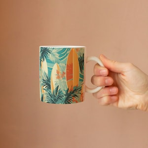 Retro Surf Art Pattern Coffee Mug, Hawaii Coffee Mug, Tropical mug, Travel Mug, Aloha Coffee Mug, 11oz Ceramic Mug