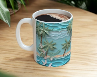 May include: White ceramic coffee mug with a tropical beach scene. The design features palm trees, ocean waves, and a sandy beach in shades of blue and green. The mug is filled with dark coffee.