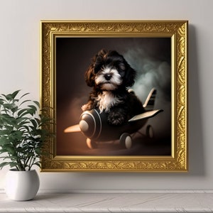Adorable Havanese Puppy Flying Plane, Animal Art Print PNG