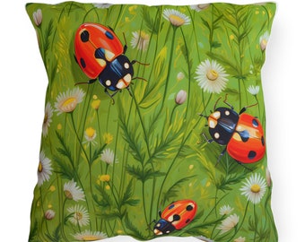 Durable Outdoor Pillow | Ladybugs & Flowers Throw Pillow | Water Resistant