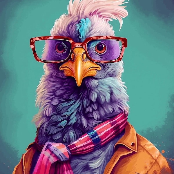 Hipster Chicken Art Print / Trendy Hipster Animal Home Décor