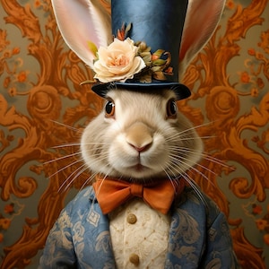 viktorianisches Kaninchen Portrait Kunstdruck: Gezierter Hase mit Fliege