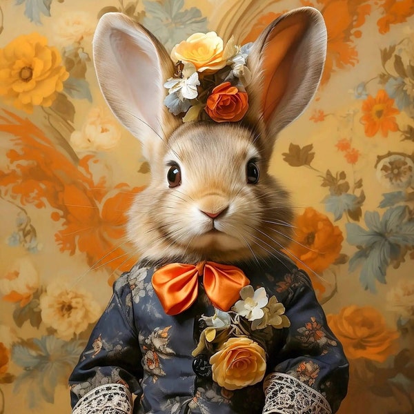 Impresión de arte de retrato de conejito victoriano (floral) / Colección de fiesta de bodas victoriana
