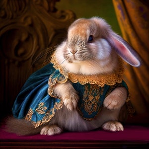 Retrato de conejo de estilo renacentista con traje victoriano (JPEG), descarga digital de conejo victoriano