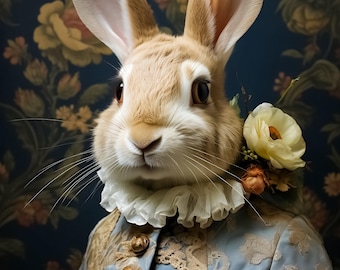 Victorian Bunny Portrait | Renaissance Animals Art Print | Rabbit with Ruffles