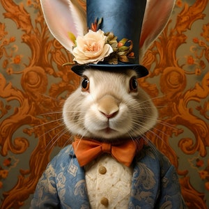 Victorian Animal Portrait Art Print  | Dapper Rabbit in Bowtie Art