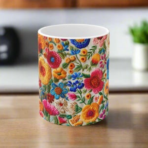 Coffee Mug | Large Embroidery Flowers Design | Granny Chic Floral Mug