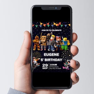 May include: A mobile phone screen displaying a birthday invitation for Eugene's 5th birthday. The invitation features a colorful background with fireworks and a group of cartoon characters from the popular online game Roblox. The text on the invitation reads "Join us to celebrate Eugene's 5th Birthday" and includes the date and time of the event.