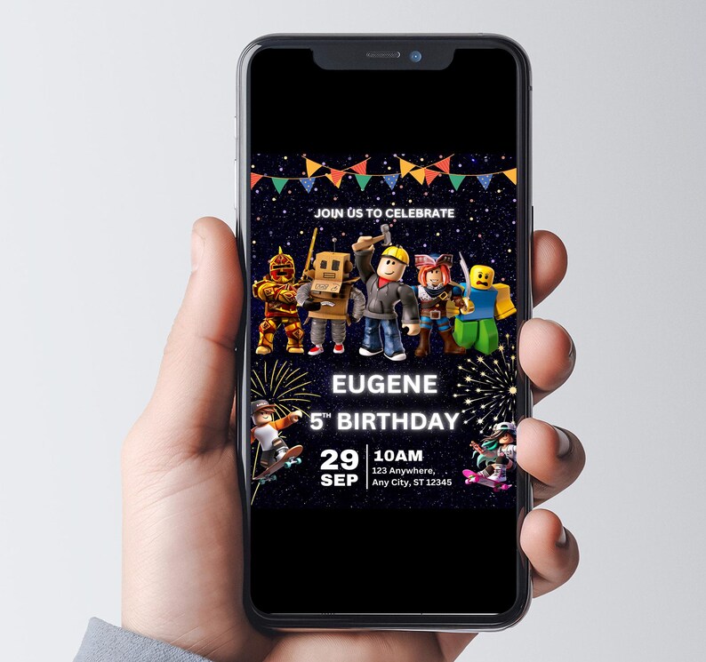 May include: A mobile phone screen displaying a birthday invitation for Eugene's 5th birthday. The invitation features a colorful background with fireworks and a group of cartoon characters from the popular online game Roblox. The text on the invitation reads "Join us to celebrate Eugene's 5th Birthday" and includes the date and time of the event.