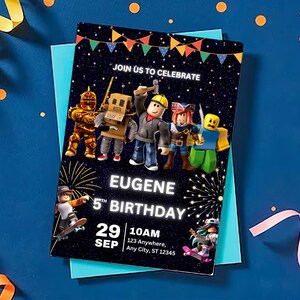 May include: A black and blue birthday invitation with a dark blue background and colorful stars. The invitation features a cartoon image of Roblox characters and the text "JOIN US TO CELEBRATE EUGENE 5TH BIRTHDAY 29 SEP 10AM 123 Anywhere, Any City, ST 12345".