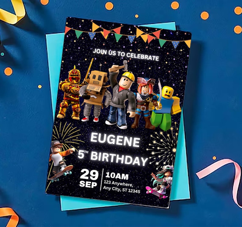 May include: A black and blue birthday invitation with a dark blue background and colorful stars. The invitation features a cartoon image of Roblox characters and the text "JOIN US TO CELEBRATE EUGENE 5TH BIRTHDAY 29 SEP 10AM 123 Anywhere, Any City, ST 12345".