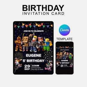 Canva Birthday Template Invitation Roblox, Invite, Game Party, Roblox Boys, Game Birthday, Kids Roblox, Editable Template